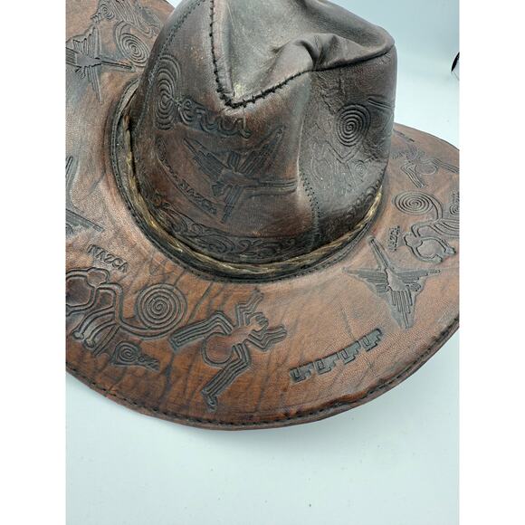 Vintage Leather Cowboy Hat - Hand Tooled Peru Souvenir - Nazca Lines Design - Picture 2 of 9